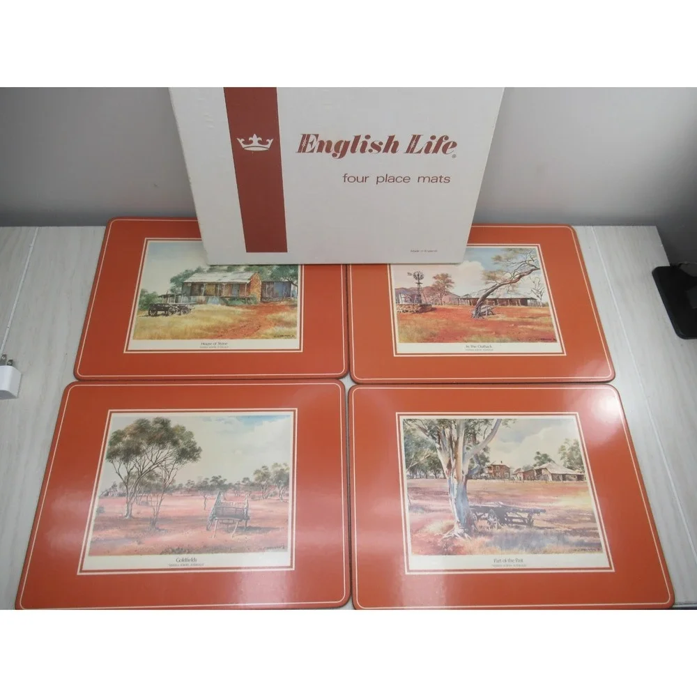 English Life Set 4 Cork Backed Placemats Wheels Australia Made England vintage